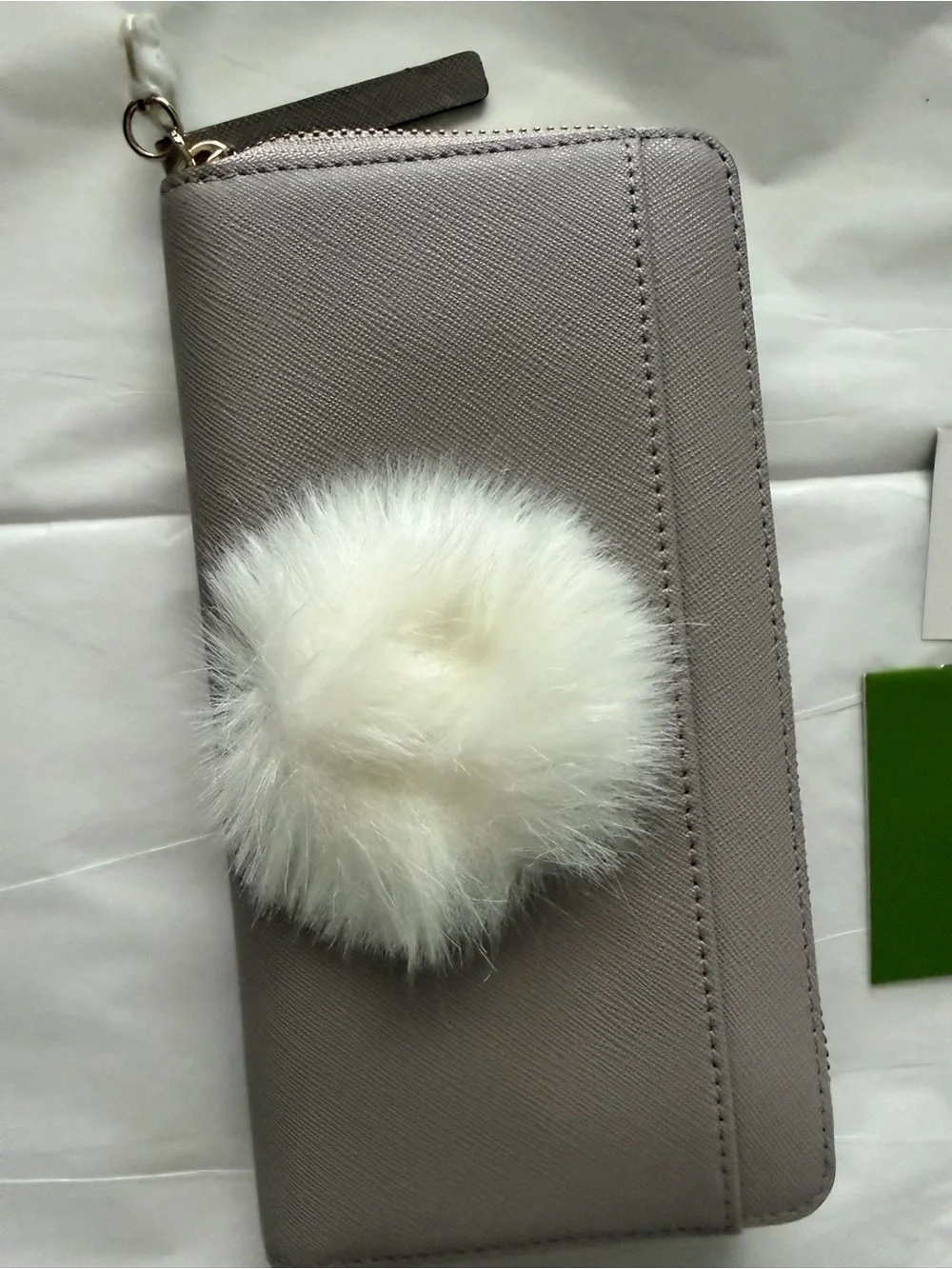 kate spade grey bunny zip-around wallet with gold whisker accents
